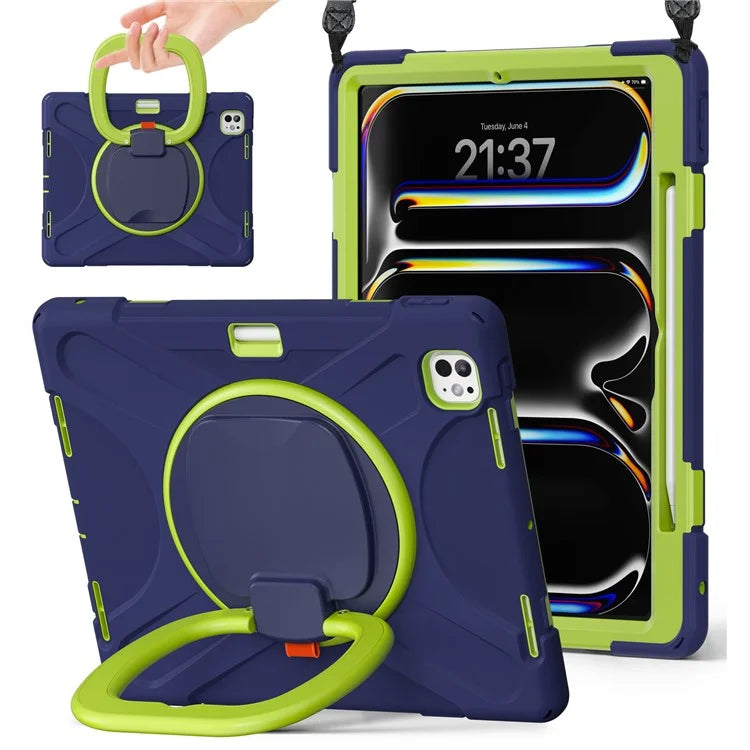 For iPad Pro 13 (2024) Case with Shoulder Strap TPU+PC+Silicone Kickstand Tablet Cover