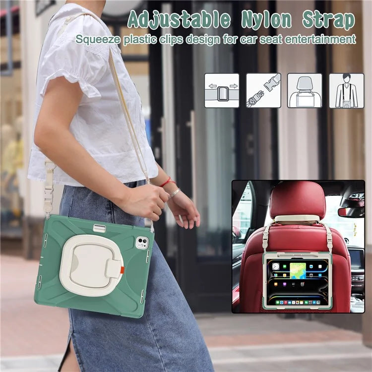 For iPad Pro 13 (2024) Case with Shoulder Strap TPU+PC+Silicone Kickstand Tablet Cover