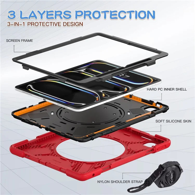 For iPad Pro 13 (2024) Case with Shoulder Strap TPU+PC+Silicone Kickstand Tablet Cover