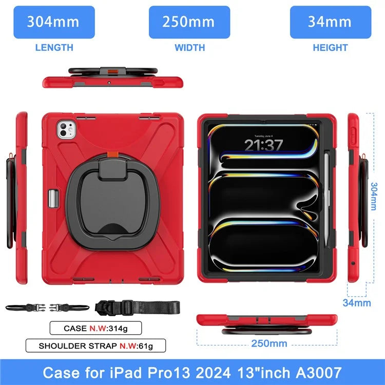 For iPad Pro 13 (2024) Case with Shoulder Strap TPU+PC+Silicone Kickstand Tablet Cover