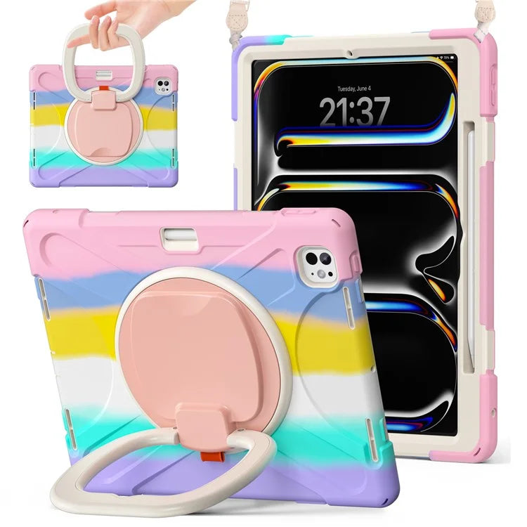 For iPad Pro 13 (2024) Case with Shoulder Strap TPU+PC+Silicone Kickstand Tablet Cover