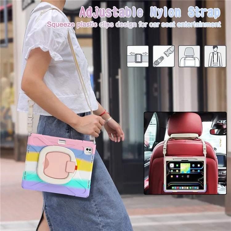 For iPad Pro 13 (2024) Case with Shoulder Strap TPU+PC+Silicone Kickstand Tablet Cover