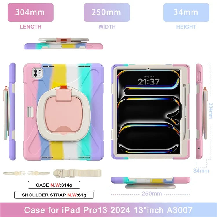 For iPad Pro 13 (2024) Case with Shoulder Strap TPU+PC+Silicone Kickstand Tablet Cover