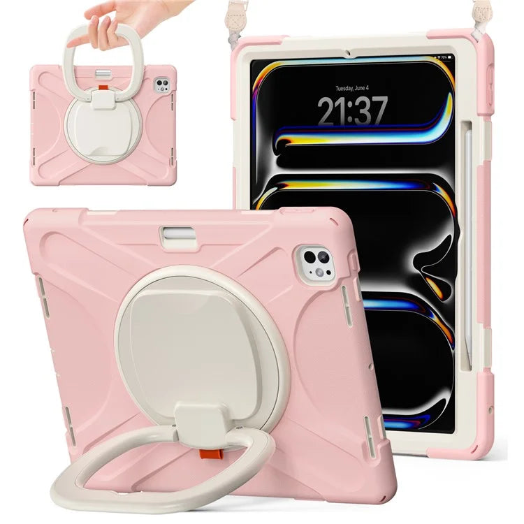 For iPad Pro 13 (2024) Case with Shoulder Strap TPU+PC+Silicone Kickstand Tablet Cover