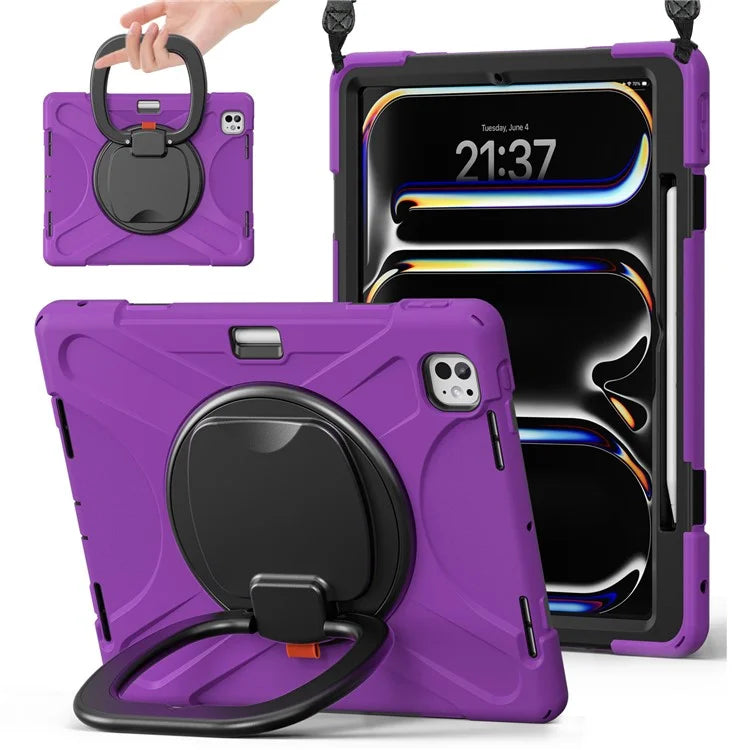 For iPad Pro 13 (2024) Case with Shoulder Strap TPU+PC+Silicone Kickstand Tablet Cover