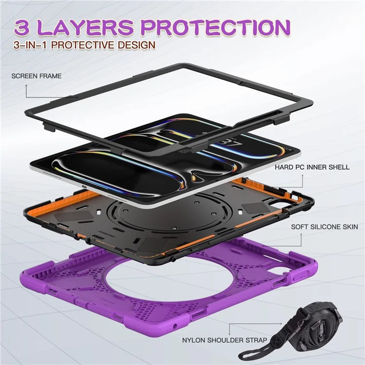For iPad Pro 13 (2024) Case with Shoulder Strap TPU+PC+Silicone Kickstand Tablet Cover