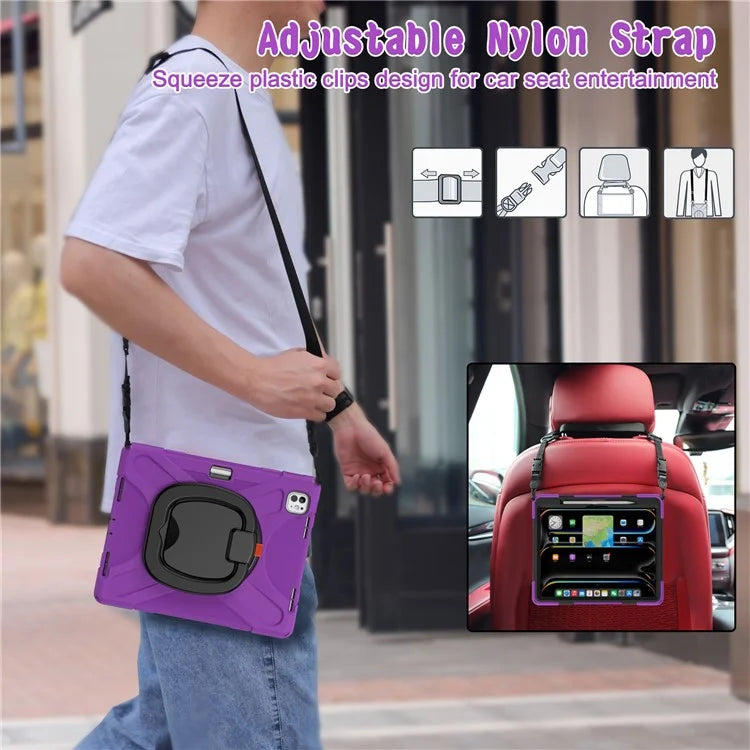 For iPad Pro 13 (2024) Case with Shoulder Strap TPU+PC+Silicone Kickstand Tablet Cover