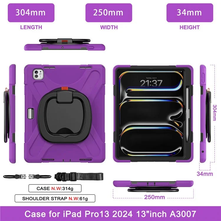For iPad Pro 13 (2024) Case with Shoulder Strap TPU+PC+Silicone Kickstand Tablet Cover