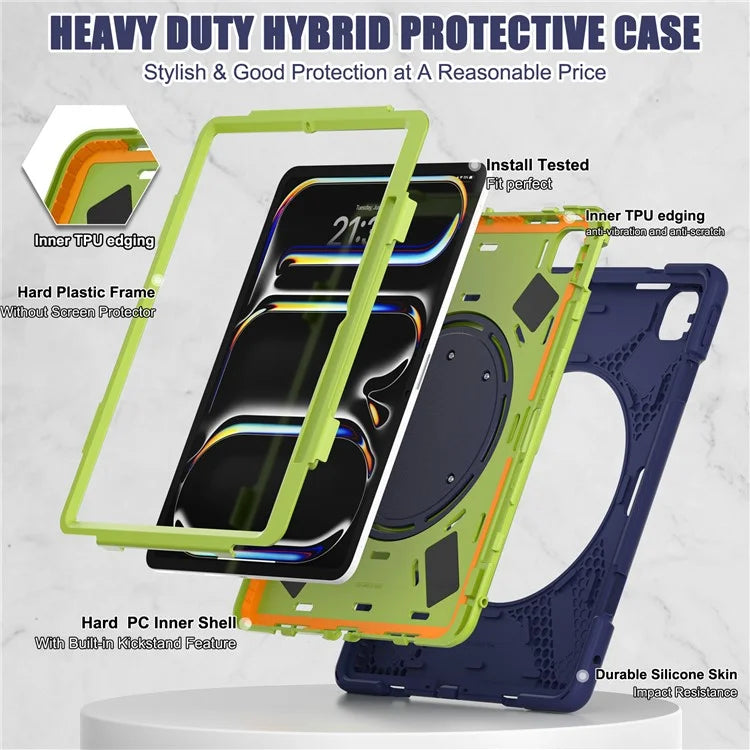 For iPad Pro 13 (2024) Case TPU+PC+Silicone Tablet Cover Swivel Kickstand Handle Grip