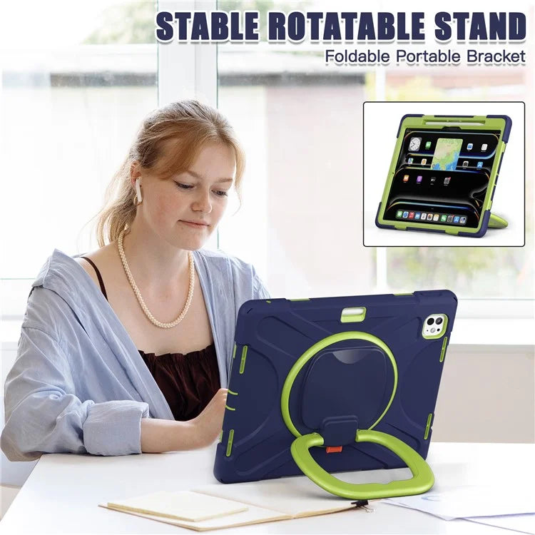 For iPad Pro 13 (2024) Case TPU+PC+Silicone Tablet Cover Swivel Kickstand Handle Grip