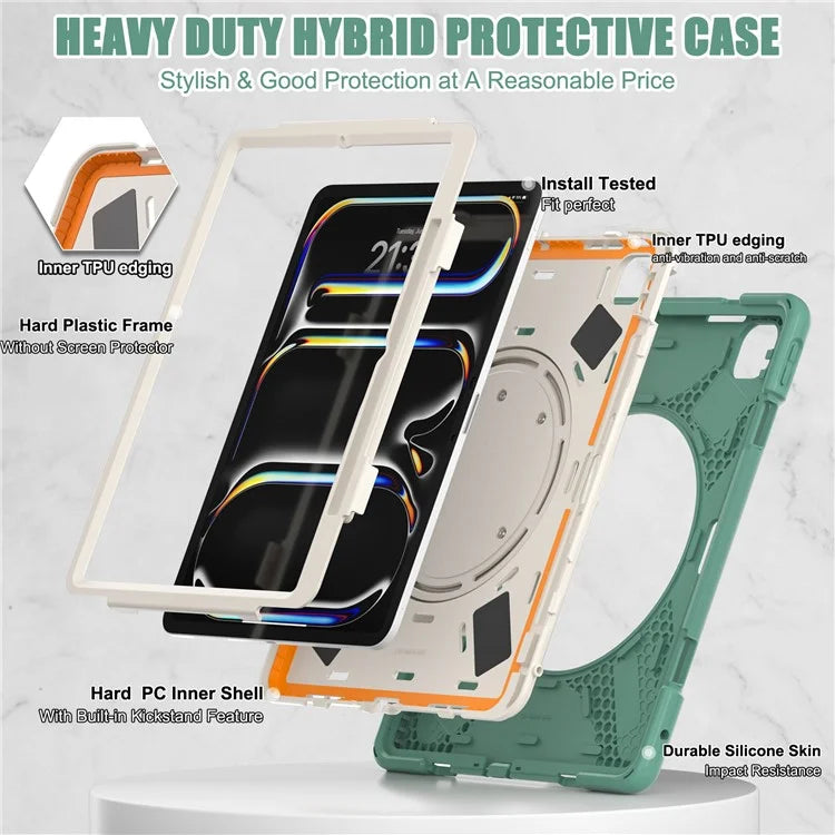 For iPad Pro 13 (2024) Case TPU+PC+Silicone Tablet Cover Swivel Kickstand Handle Grip