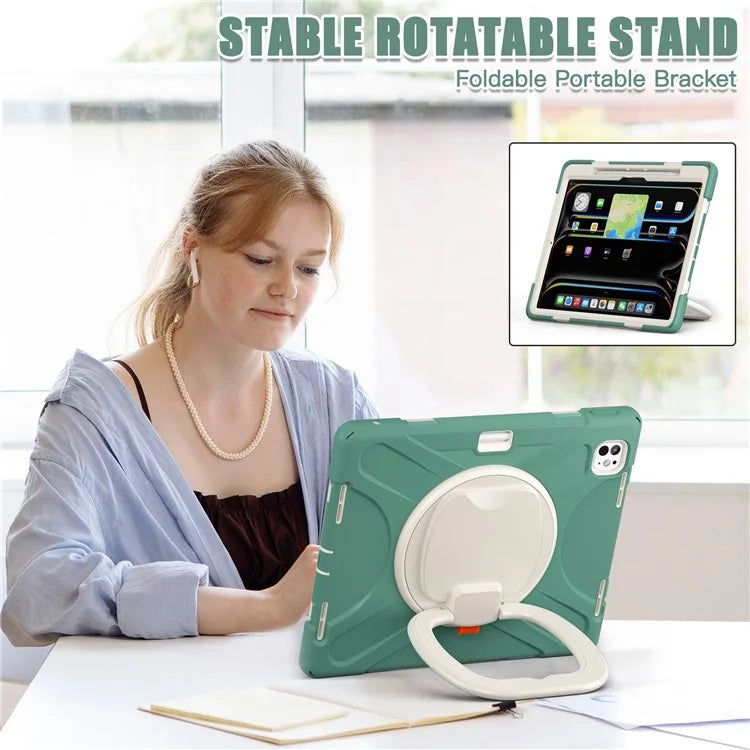 For iPad Pro 13 (2024) Case TPU+PC+Silicone Tablet Cover Swivel Kickstand Handle Grip