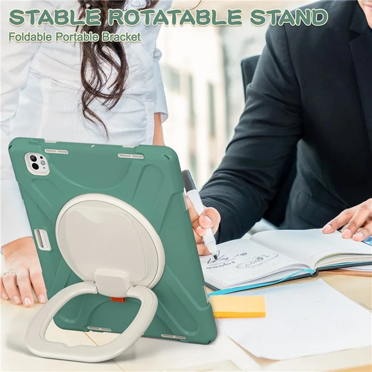 For iPad Pro 13 (2024) Case TPU+PC+Silicone Tablet Cover Swivel Kickstand Handle Grip