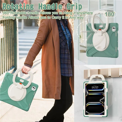 For iPad Pro 13 (2024) Case TPU+PC+Silicone Tablet Cover Swivel Kickstand Handle Grip