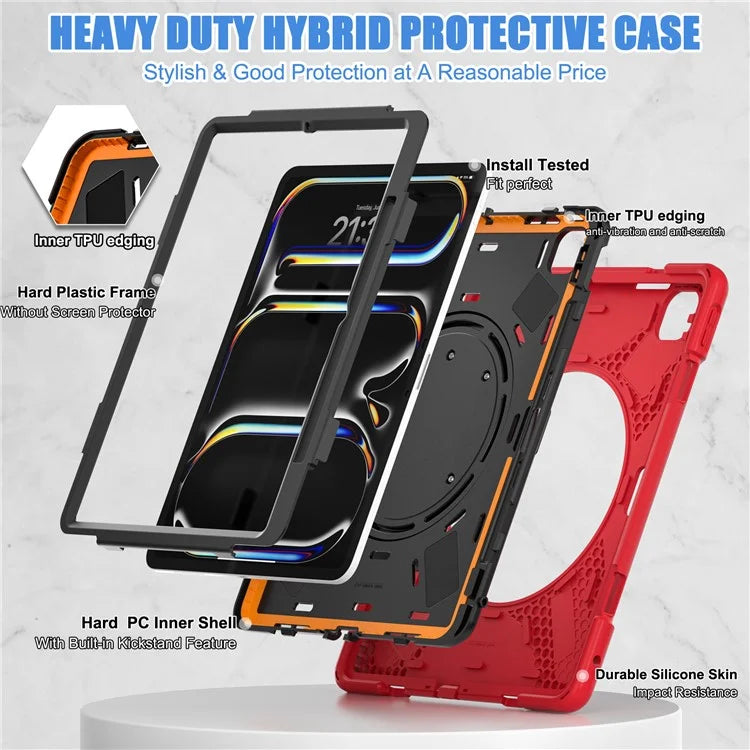 For iPad Pro 13 (2024) Case TPU+PC+Silicone Tablet Cover Swivel Kickstand Handle Grip