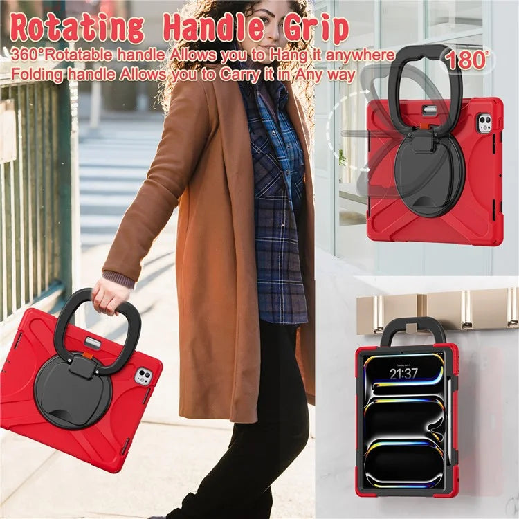 For iPad Pro 13 (2024) Case TPU+PC+Silicone Tablet Cover Swivel Kickstand Handle Grip