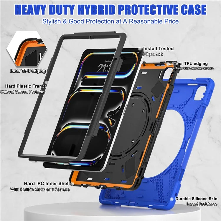 For iPad Pro 13 (2024) Case TPU+PC+Silicone Tablet Cover Swivel Kickstand Handle Grip