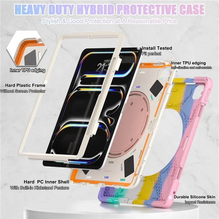 For iPad Pro 13 (2024) Case TPU+PC+Silicone Tablet Cover Swivel Kickstand Handle Grip