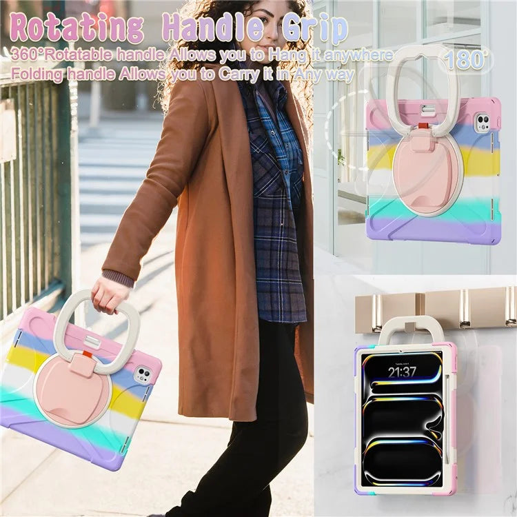 For iPad Pro 13 (2024) Case TPU+PC+Silicone Tablet Cover Swivel Kickstand Handle Grip