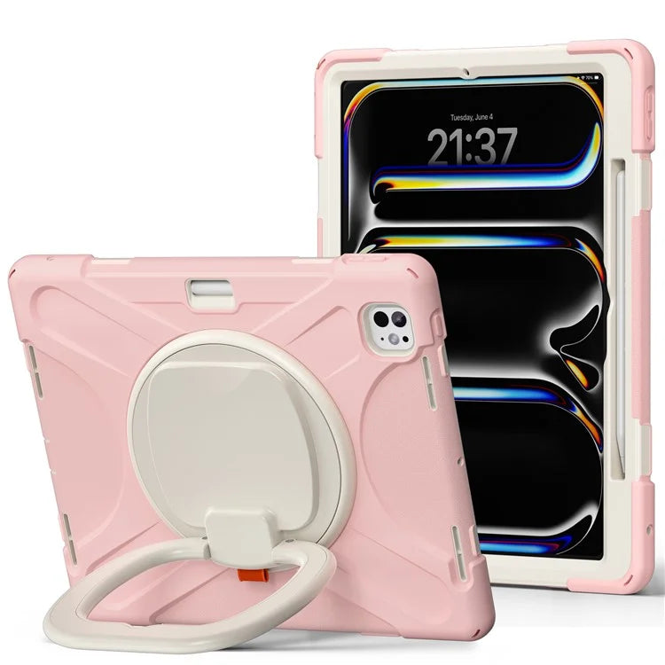 For iPad Pro 13 (2024) Case TPU+PC+Silicone Tablet Cover Swivel Kickstand Handle Grip