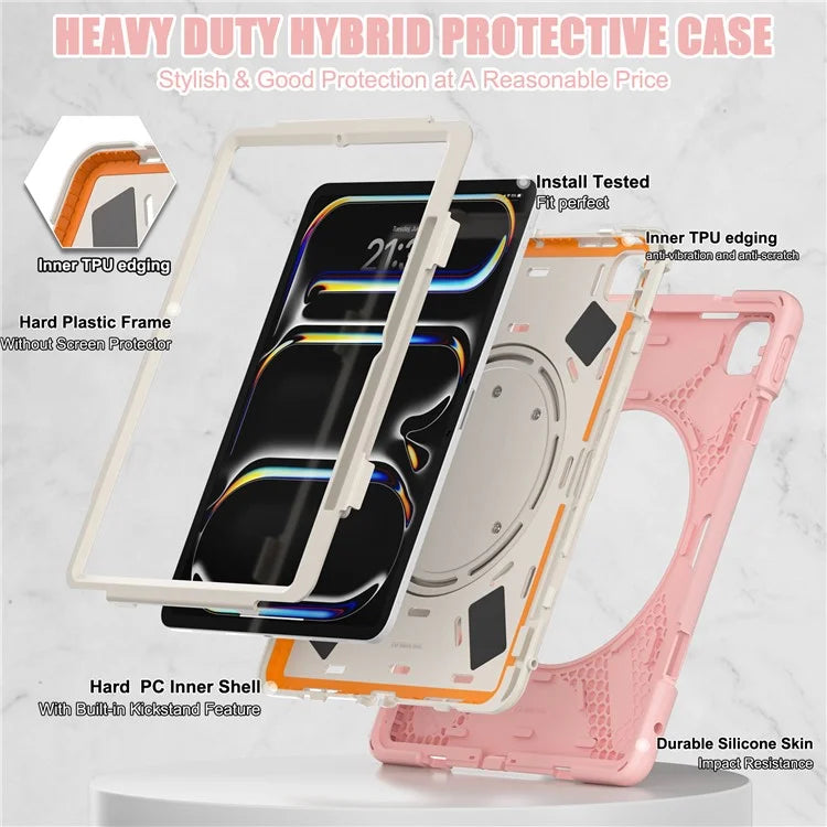 For iPad Pro 13 (2024) Case TPU+PC+Silicone Tablet Cover Swivel Kickstand Handle Grip