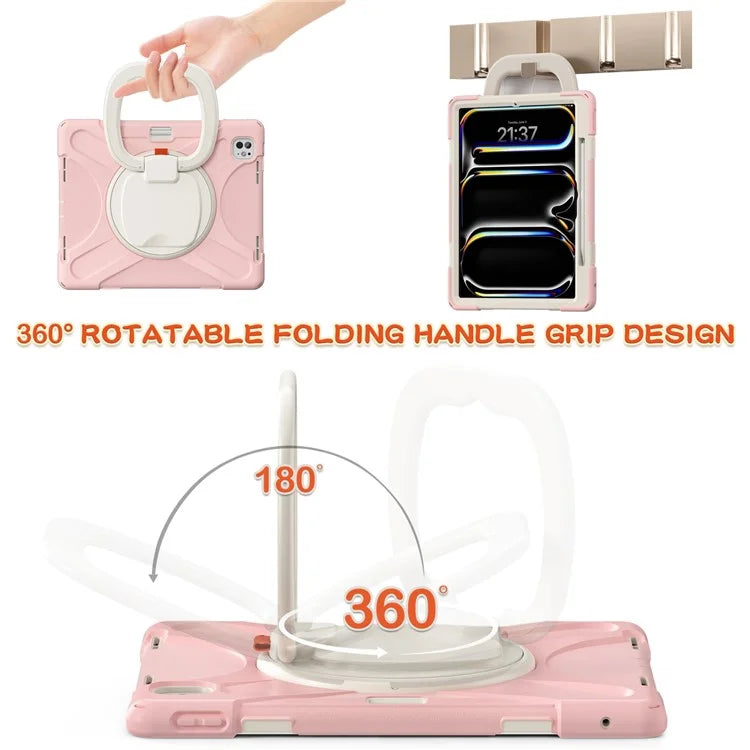 For iPad Pro 13 (2024) Case TPU+PC+Silicone Tablet Cover Swivel Kickstand Handle Grip