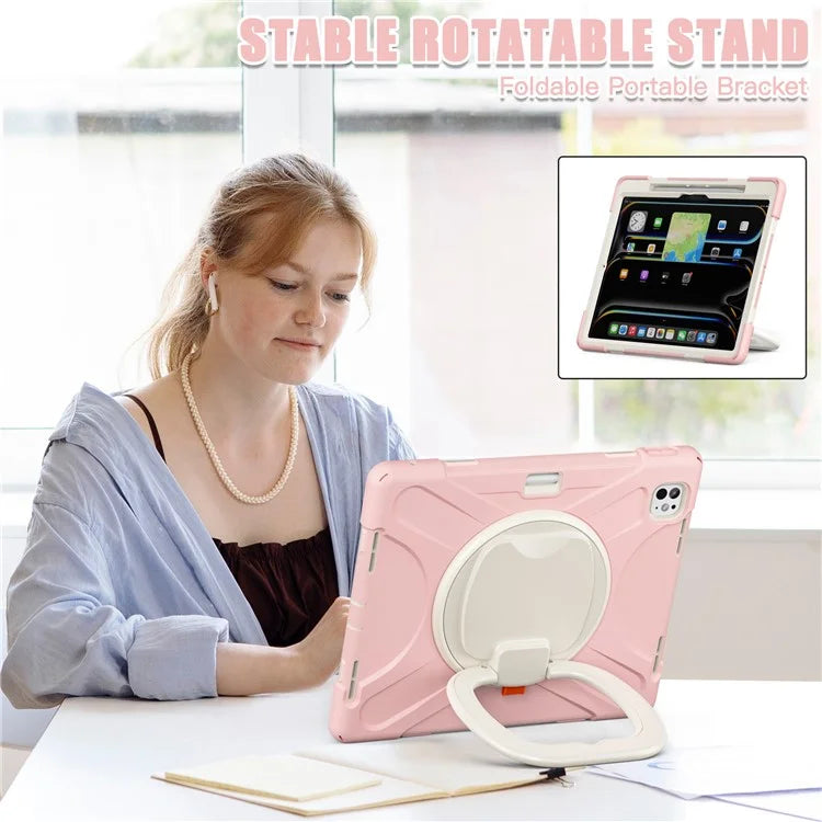 For iPad Pro 13 (2024) Case TPU+PC+Silicone Tablet Cover Swivel Kickstand Handle Grip