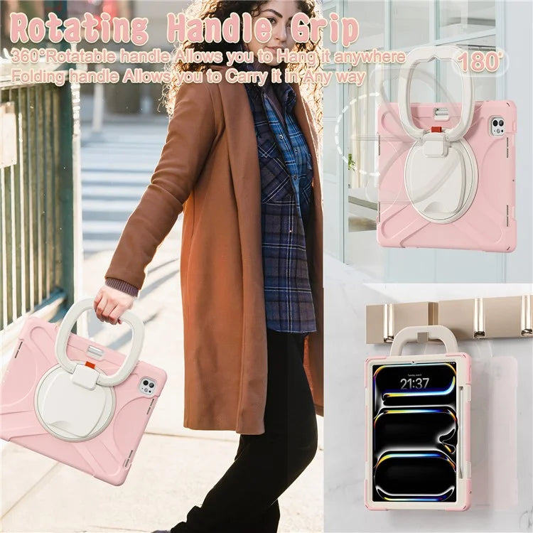 For iPad Pro 13 (2024) Case TPU+PC+Silicone Tablet Cover Swivel Kickstand Handle Grip