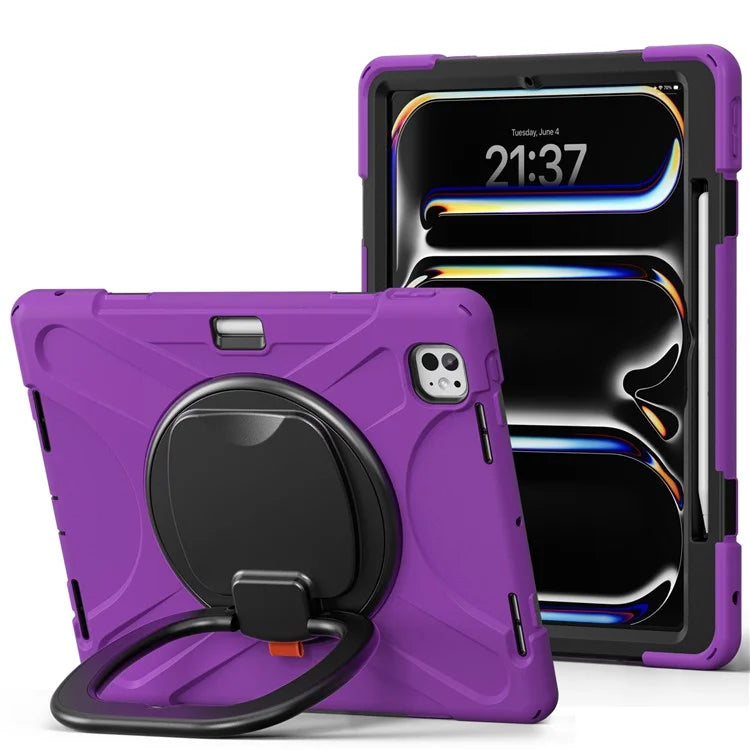 For iPad Pro 13 (2024) Case TPU+PC+Silicone Tablet Cover Swivel Kickstand Handle Grip