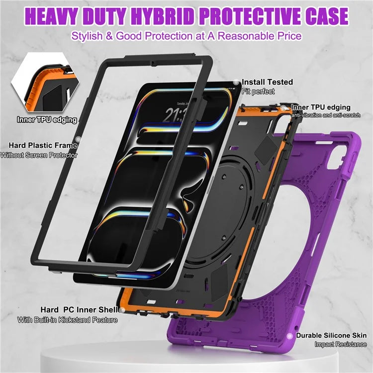For iPad Pro 13 (2024) Case TPU+PC+Silicone Tablet Cover Swivel Kickstand Handle Grip