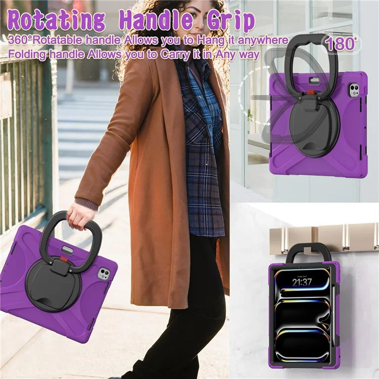 For iPad Pro 13 (2024) Case TPU+PC+Silicone Tablet Cover Swivel Kickstand Handle Grip