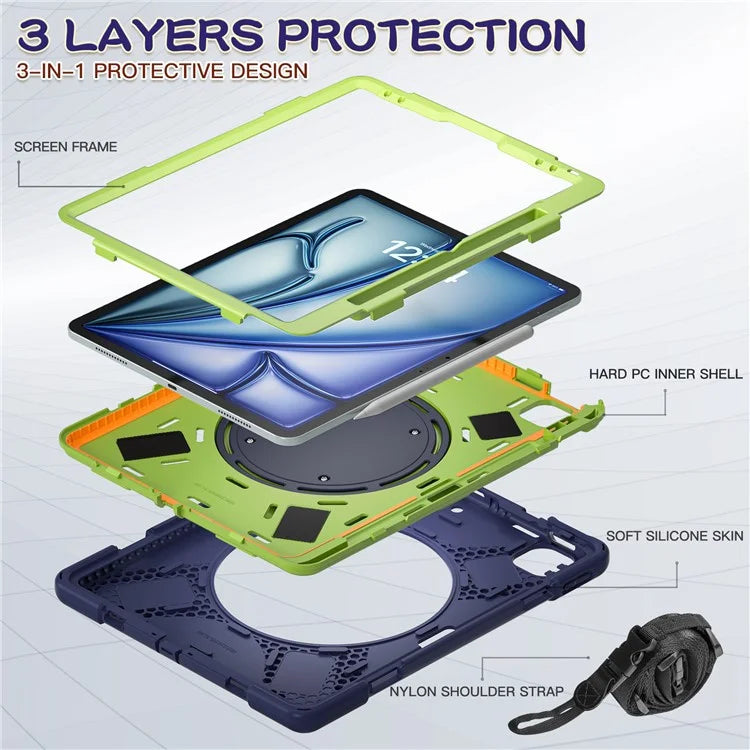 For iPad Air 13 (2024)  /  iPad Pro 12.9 (2022)  /  (2021)  /  (2020)  /  (2018) Case TPU+PC+Silicone Tablet Cover with Shoulder Strap