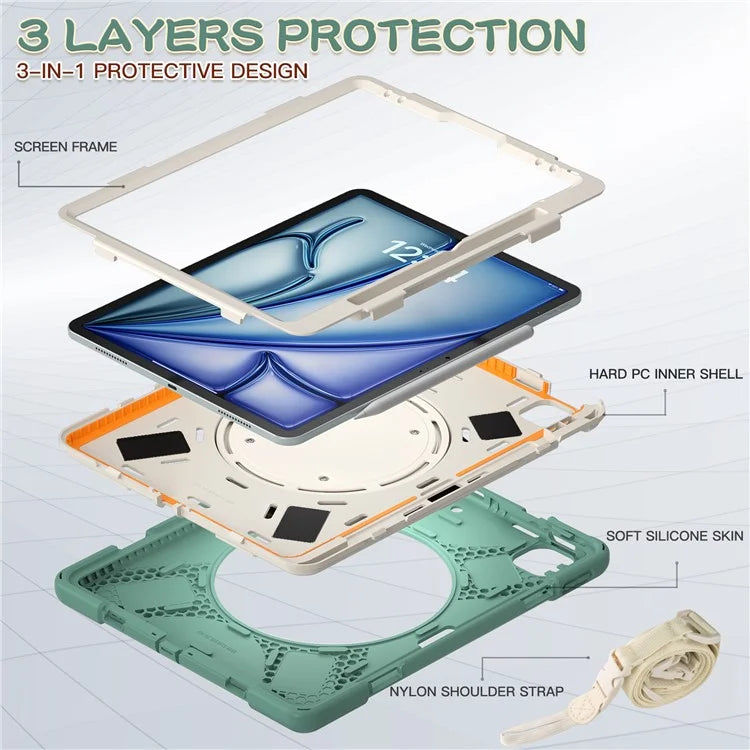 For iPad Air 13 (2024)  /  iPad Pro 12.9 (2022)  /  (2021)  /  (2020)  /  (2018) Case TPU+PC+Silicone Tablet Cover with Shoulder Strap