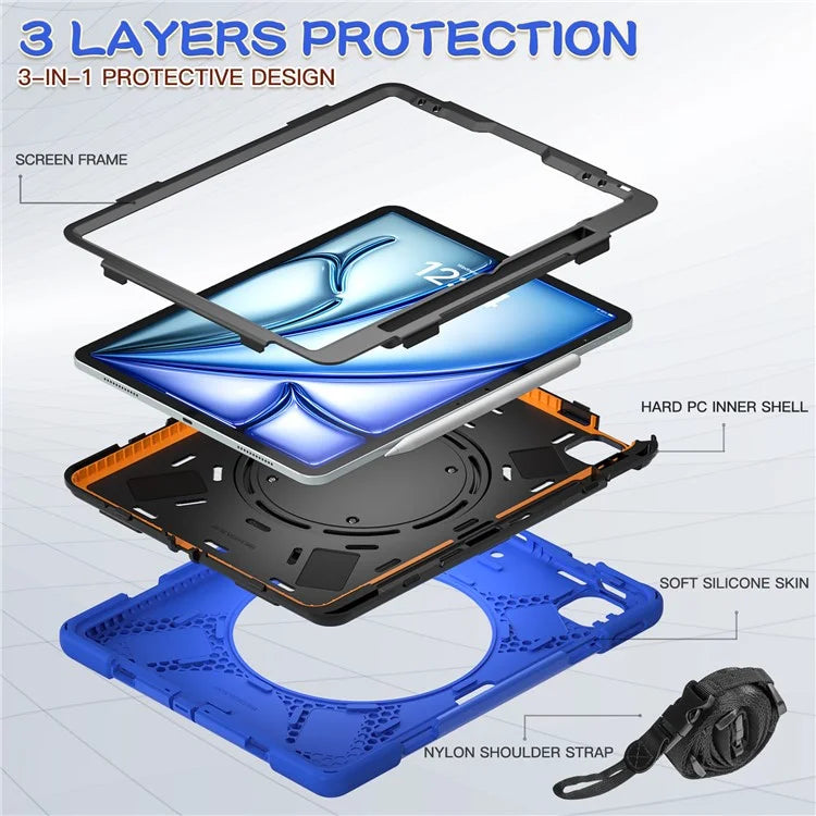 For iPad Air 13 (2024)  /  iPad Pro 12.9 (2022)  /  (2021)  /  (2020)  /  (2018) Case TPU+PC+Silicone Tablet Cover with Shoulder Strap