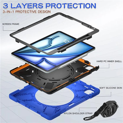 For iPad Air 13 (2024)  /  iPad Pro 12.9 (2022)  /  (2021)  /  (2020)  /  (2018) Case TPU+PC+Silicone Tablet Cover with Shoulder Strap