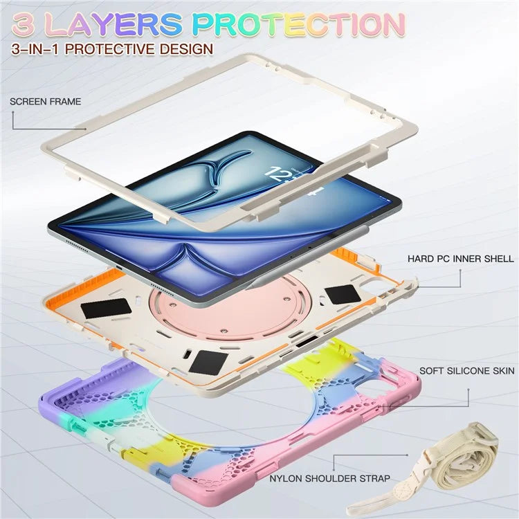 For iPad Air 13 (2024)  /  iPad Pro 12.9 (2022)  /  (2021)  /  (2020)  /  (2018) Case TPU+PC+Silicone Tablet Cover with Shoulder Strap