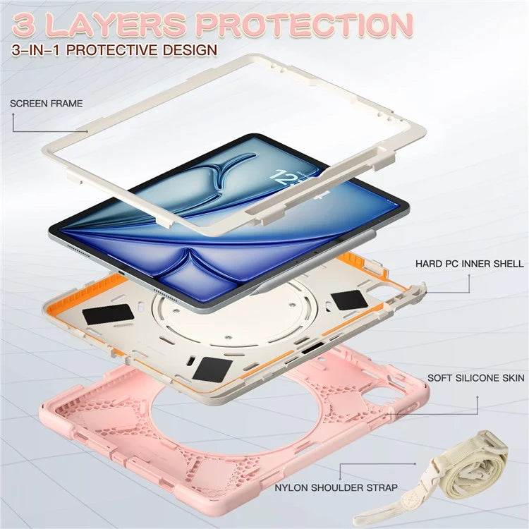 For iPad Air 13 (2024)  /  iPad Pro 12.9 (2022)  /  (2021)  /  (2020)  /  (2018) Case TPU+PC+Silicone Tablet Cover with Shoulder Strap