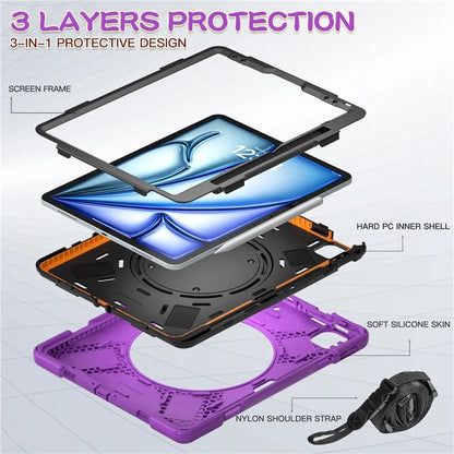 For iPad Air 13 (2024)  /  iPad Pro 12.9 (2022)  /  (2021)  /  (2020)  /  (2018) Case TPU+PC+Silicone Tablet Cover with Shoulder Strap