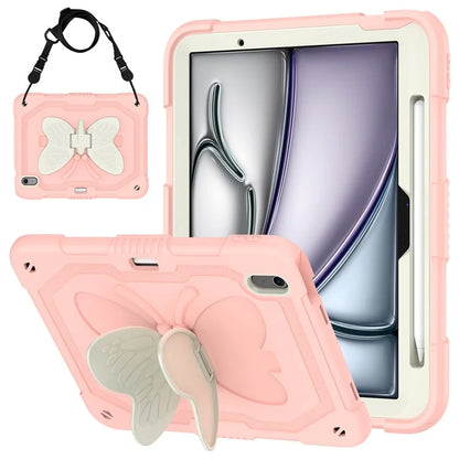 For iPad Air 11 (2024) Case with Shoulder Strap Silicone + PC Tablet Cover Butterfly Wings Kickstand