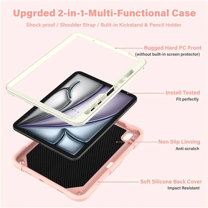 For iPad Air 11 (2024) Case with Shoulder Strap Silicone + PC Tablet Cover Butterfly Wings Kickstand