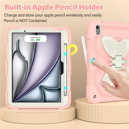 For iPad Air 11 (2024) Case with Shoulder Strap Silicone + PC Tablet Cover Butterfly Wings Kickstand