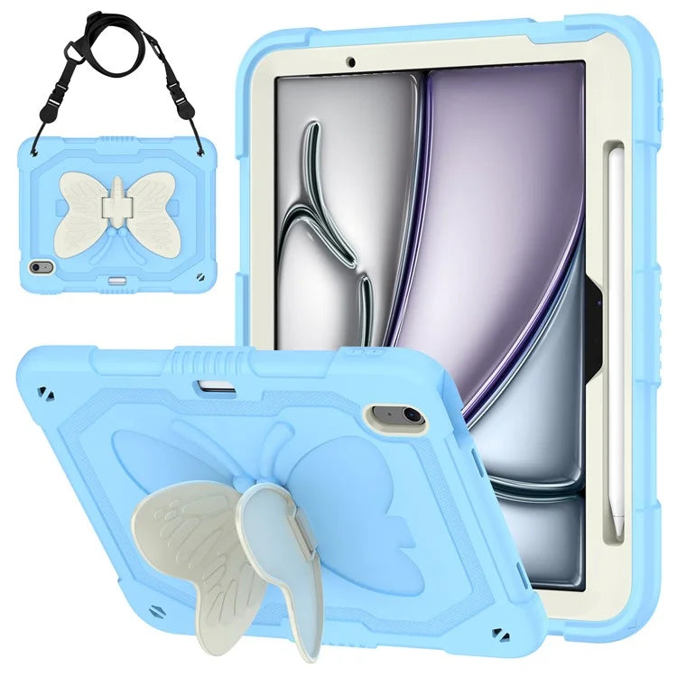 For iPad Air 11 (2024) Case with Shoulder Strap Silicone + PC Tablet Cover Butterfly Wings Kickstand