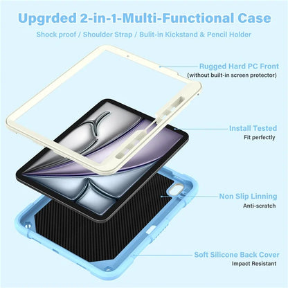 For iPad Air 11 (2024) Case with Shoulder Strap Silicone + PC Tablet Cover Butterfly Wings Kickstand