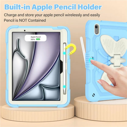 For iPad Air 11 (2024) Case with Shoulder Strap Silicone + PC Tablet Cover Butterfly Wings Kickstand