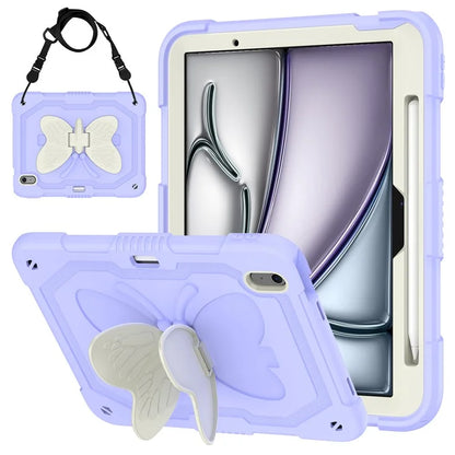 For iPad Air 11 (2024) Case with Shoulder Strap Silicone + PC Tablet Cover Butterfly Wings Kickstand