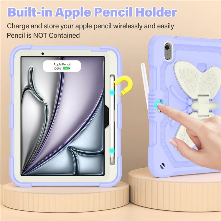 For iPad Air 11 (2024) Case with Shoulder Strap Silicone + PC Tablet Cover Butterfly Wings Kickstand