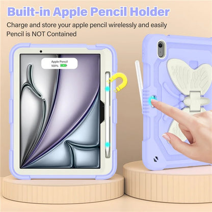 For iPad Air 11 (2024) Case with Shoulder Strap Silicone + PC Tablet Cover Butterfly Wings Kickstand