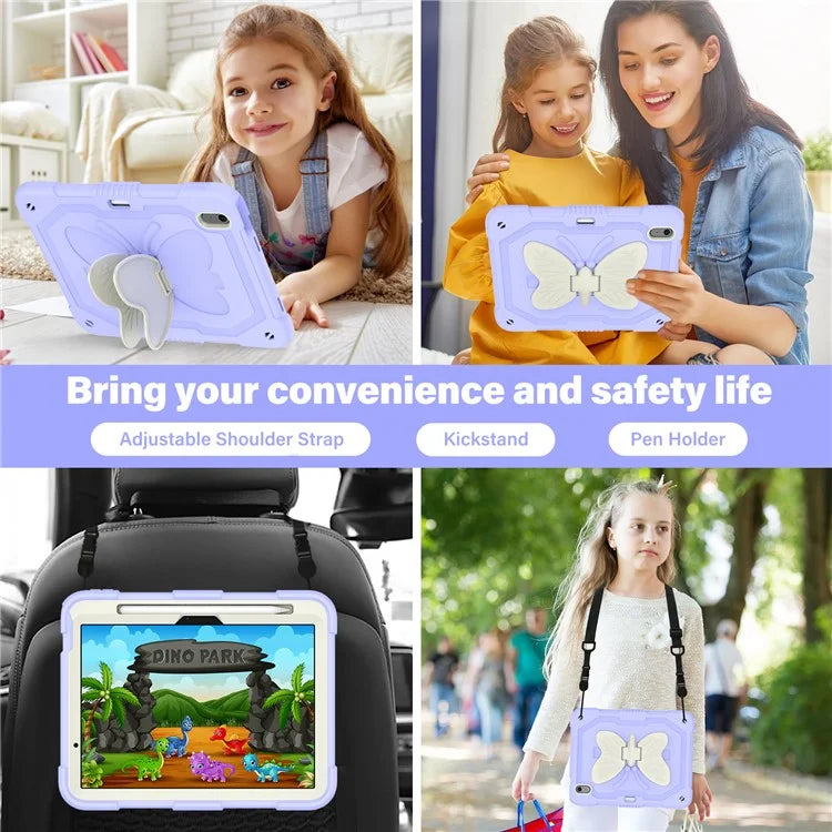 For iPad Air 11 (2024) Case with Shoulder Strap Silicone + PC Tablet Cover Butterfly Wings Kickstand