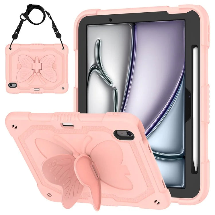 For iPad Air 11 (2024) Case with Shoulder Strap Silicone + PC Tablet Cover Butterfly Wings Kickstand