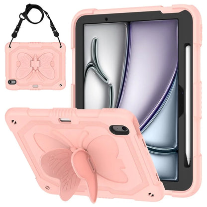 For iPad Air 11 (2024) Case with Shoulder Strap Silicone + PC Tablet Cover Butterfly Wings Kickstand